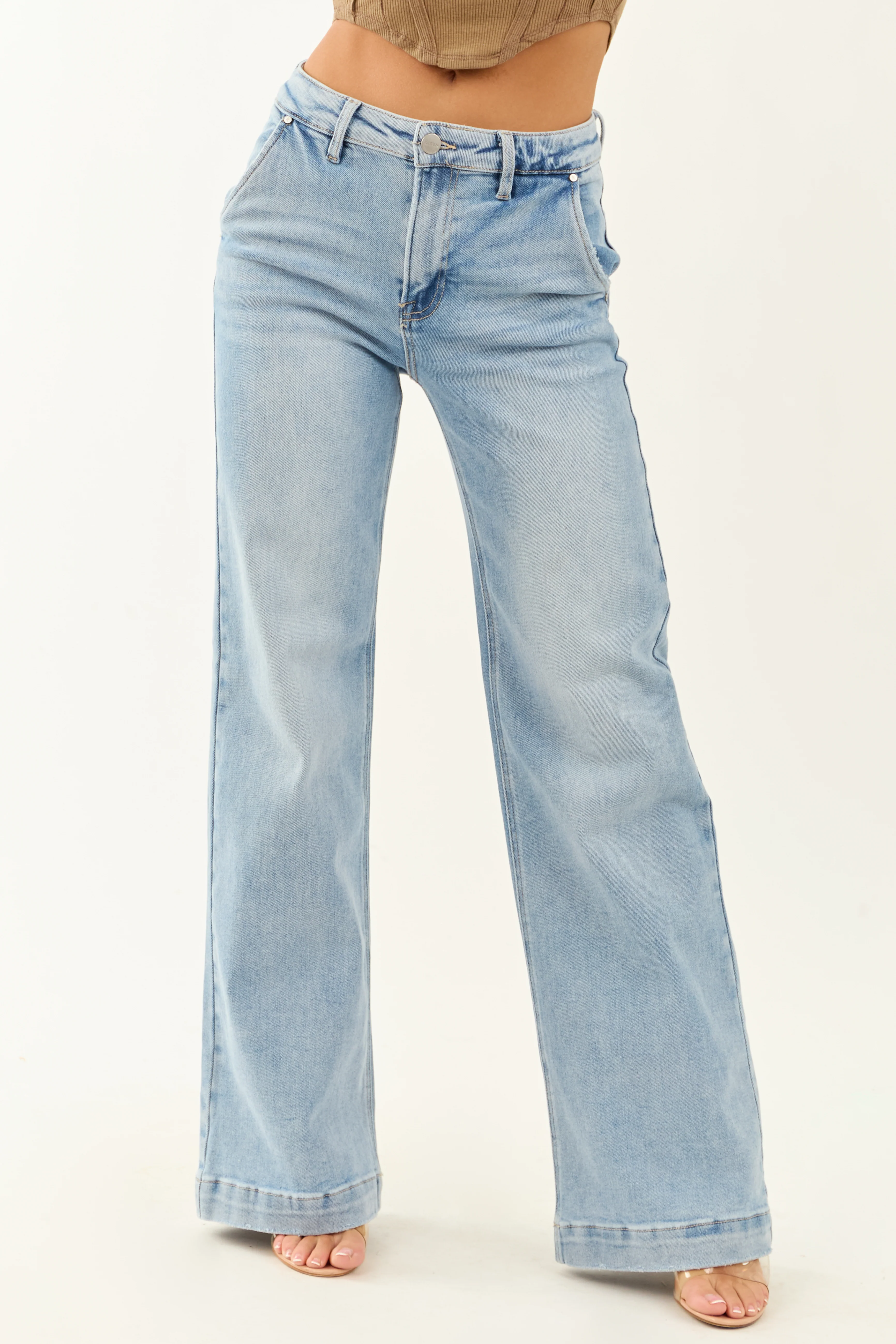 Risen Light Wash Stretchy Wide Leg Jeans