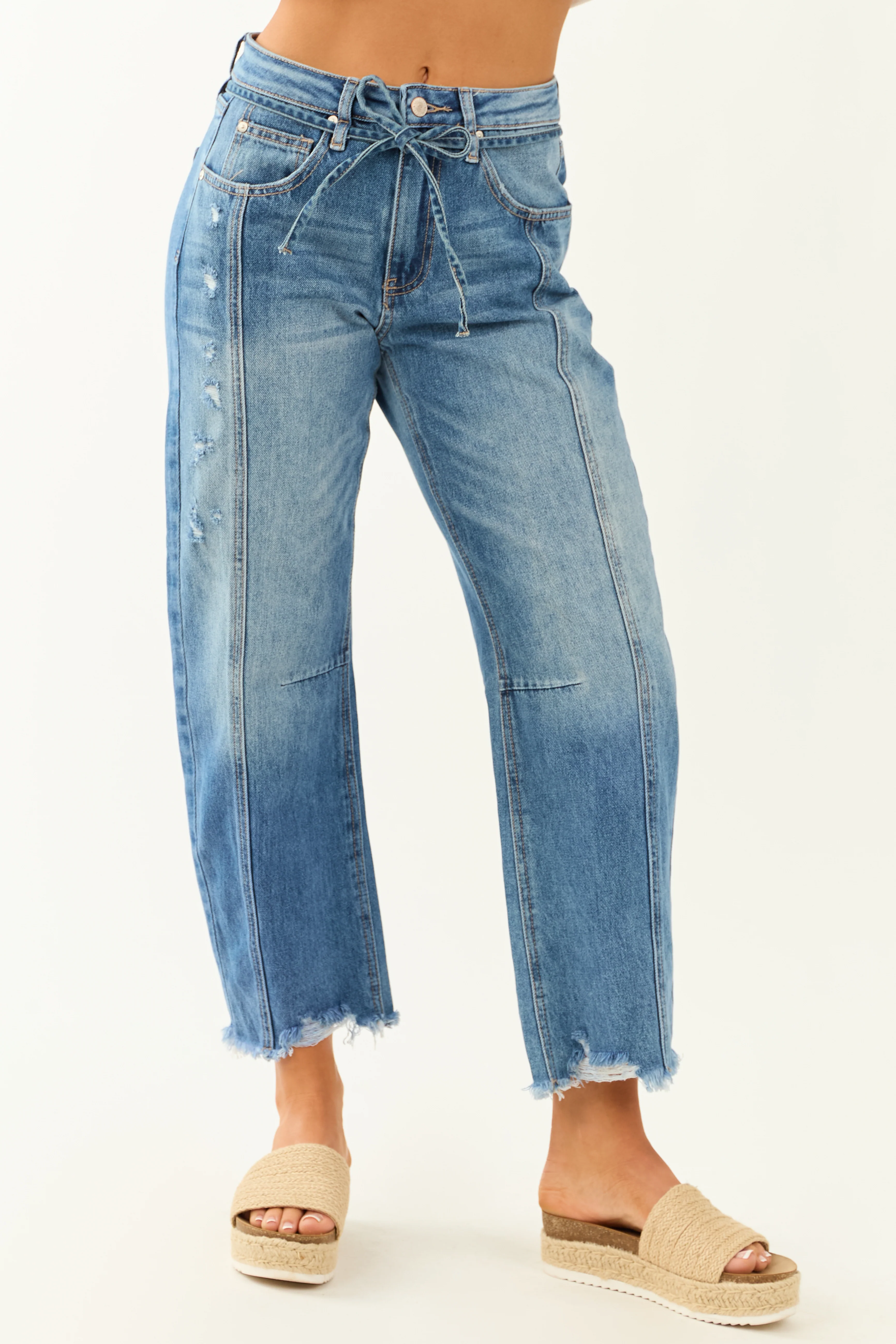 Saige Medium Wash High Rise Waist Tie Barrel Jeans