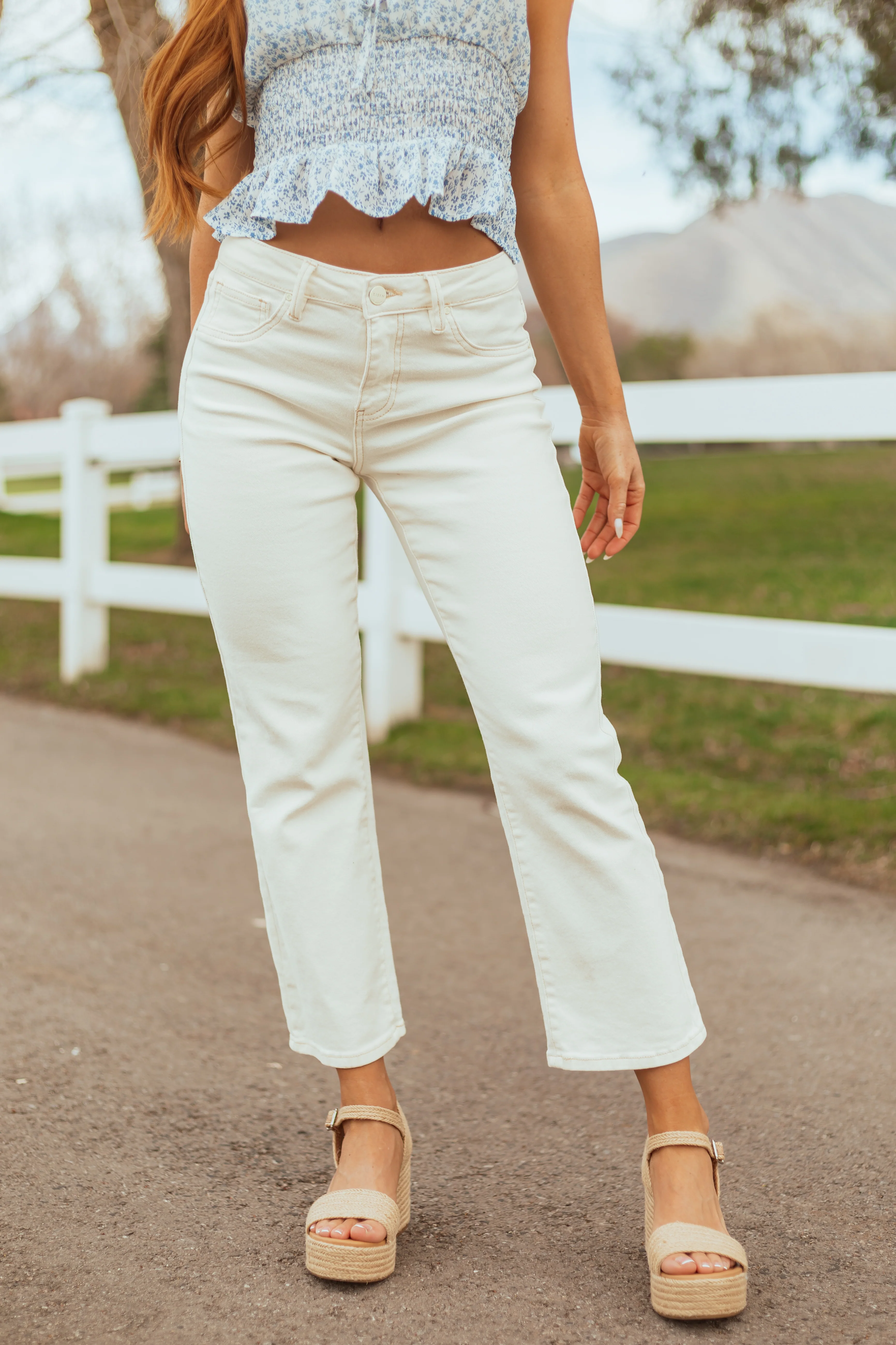 Risen White Wash Denim Straight Stretchy Jeans