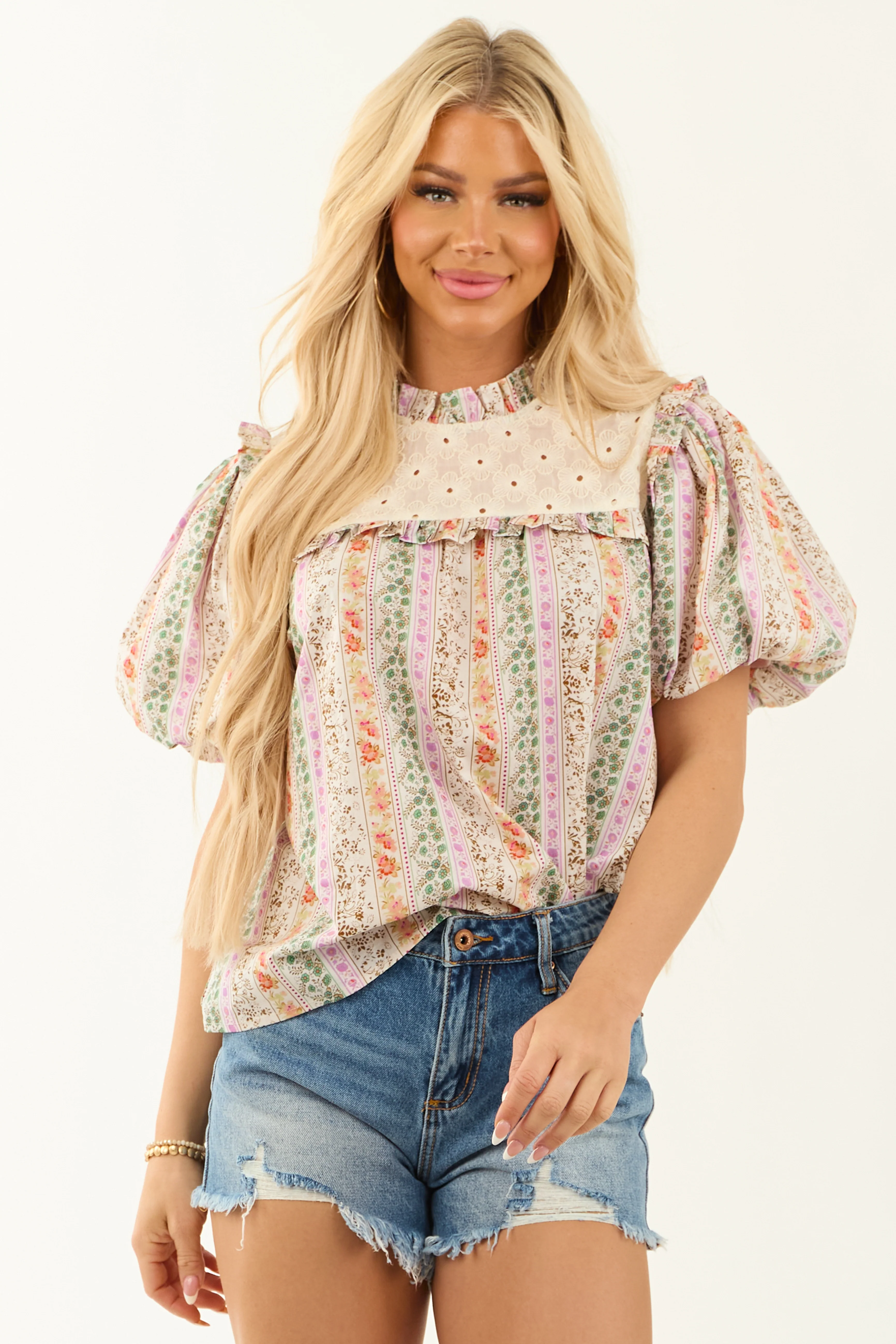 Vanilla Multi-Floral Print Short Puff Sleeve Top