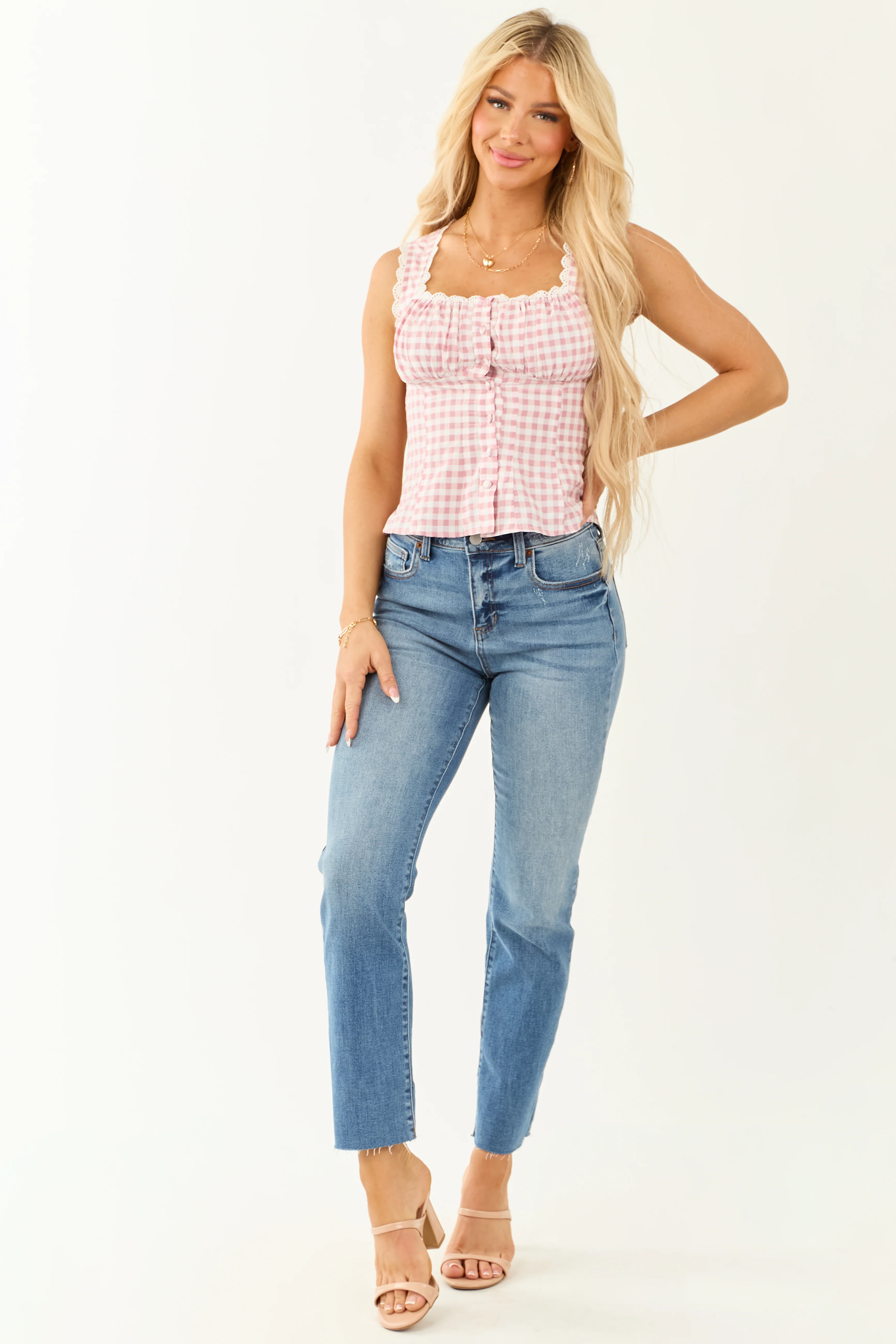 Light Hibiscus Lace Gingham Sleeveless Blouse