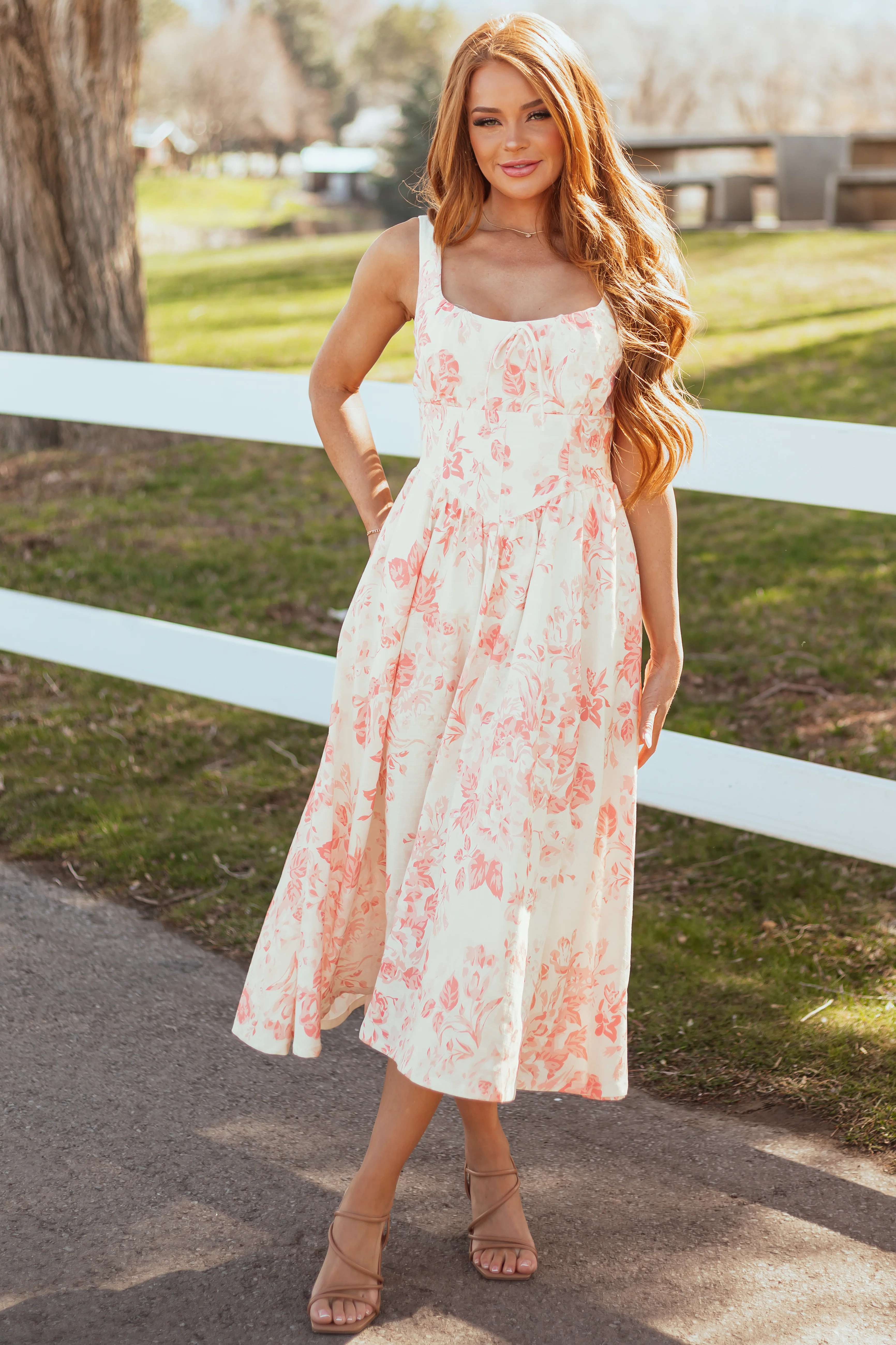 Coral Linen Blend Floral Print Sleeveless Midi Dress