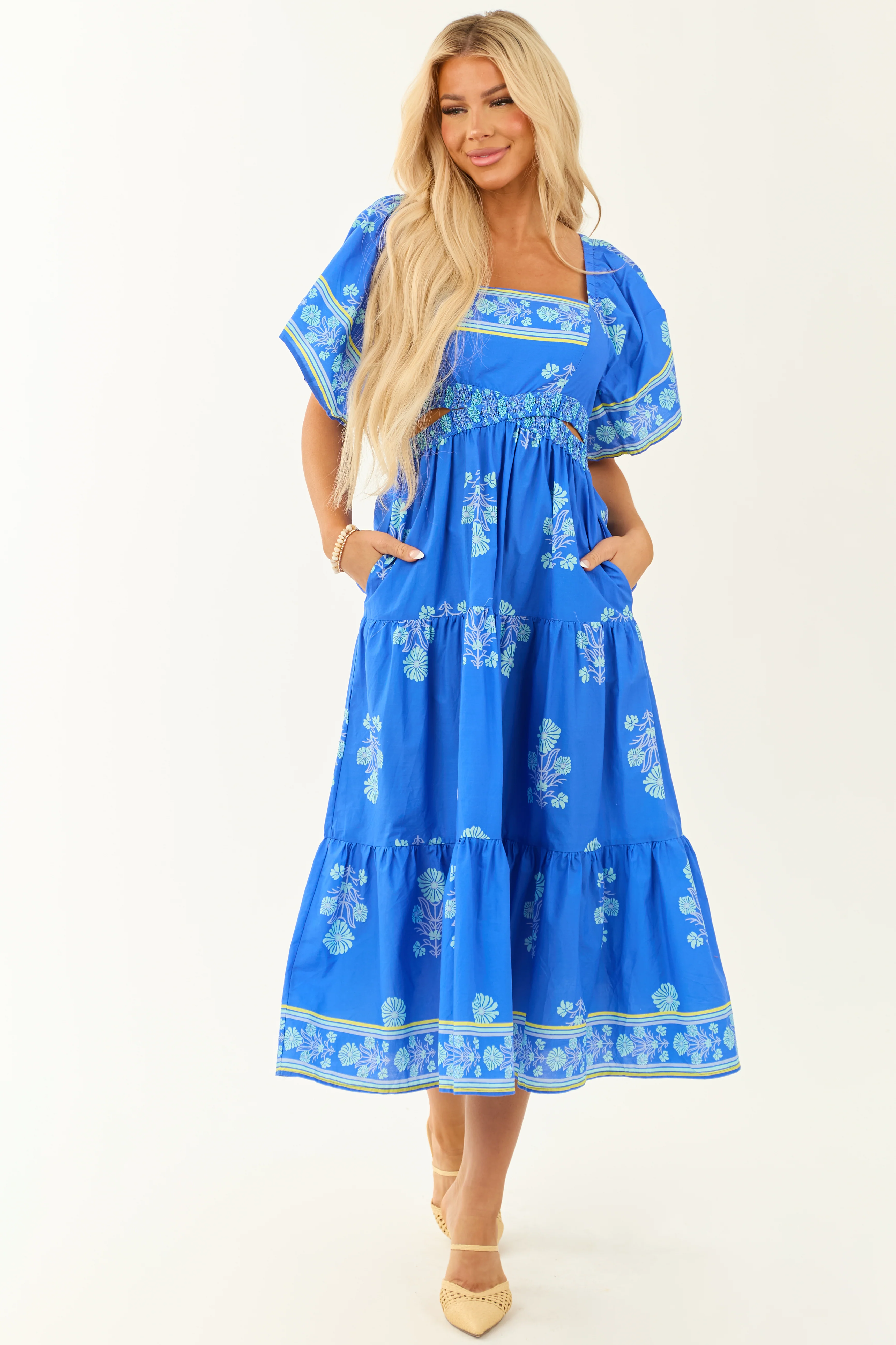 Royal Blue Floral Print Short Sleeve Midi Dress