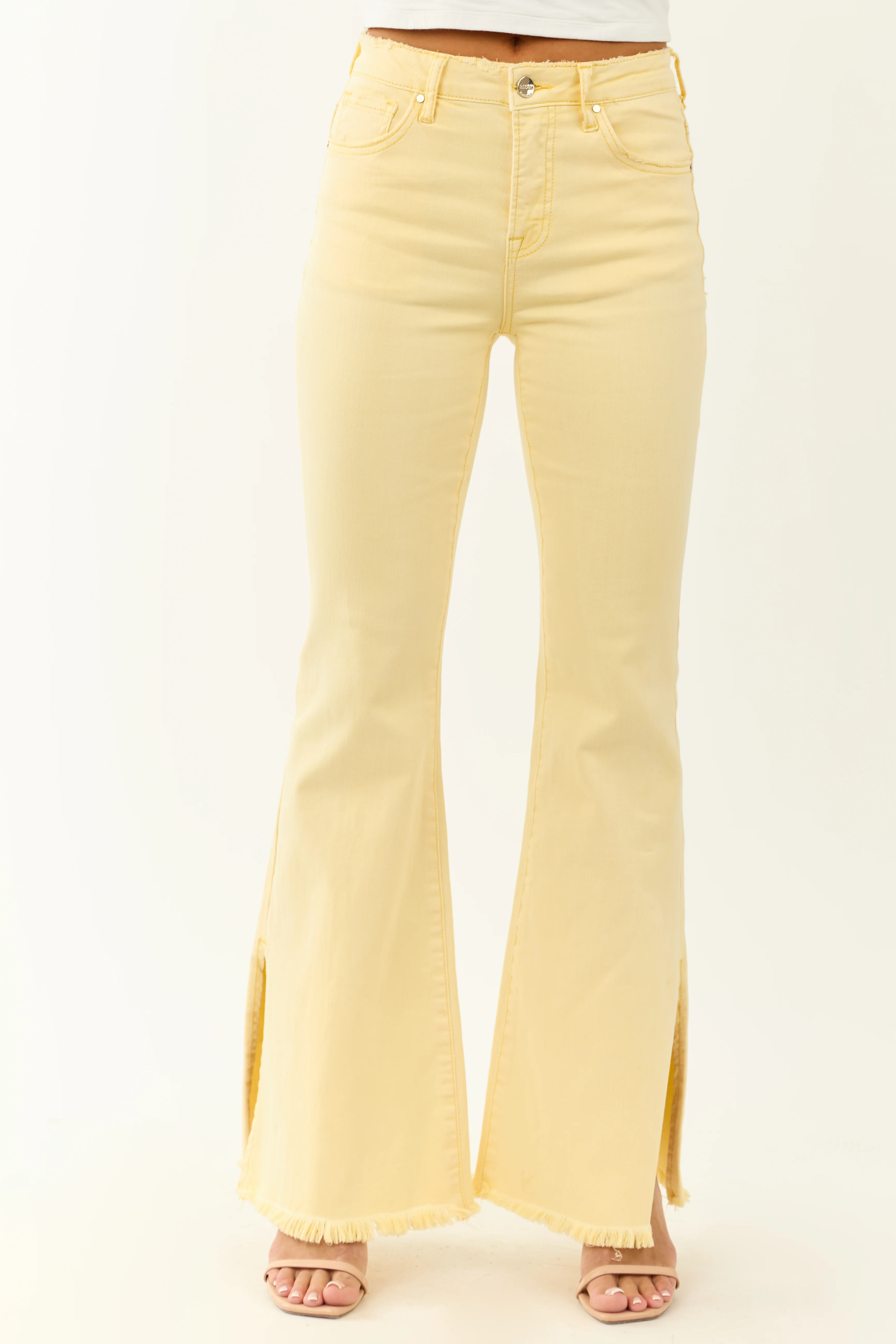 Risen Buttercream Side Slit Stretchy Flare Jeans