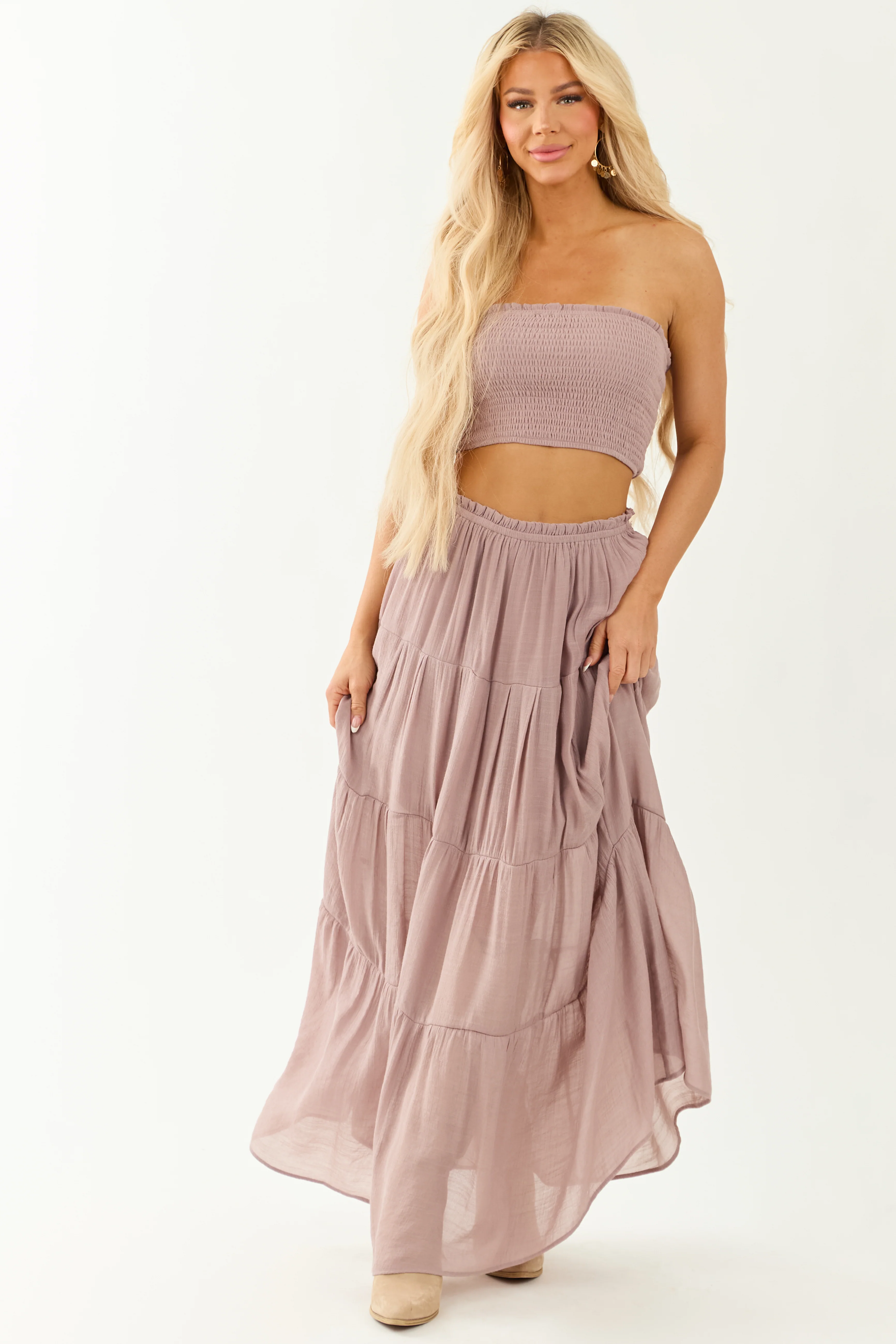 Mauve Smocked Bandeau and Tiered Skirt Set