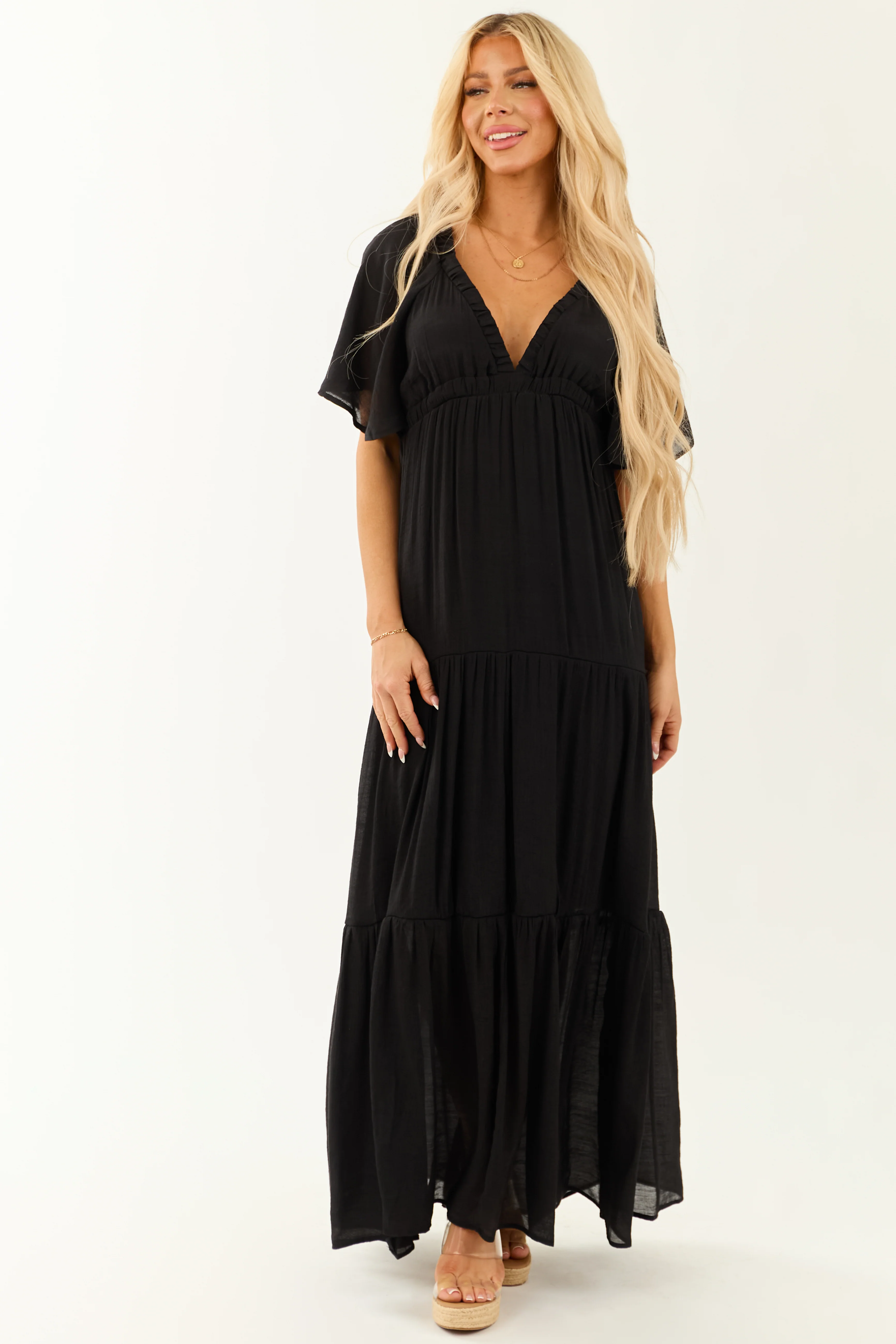 Black Deep V Neck Short Flutter Sleeve Maxi Dress