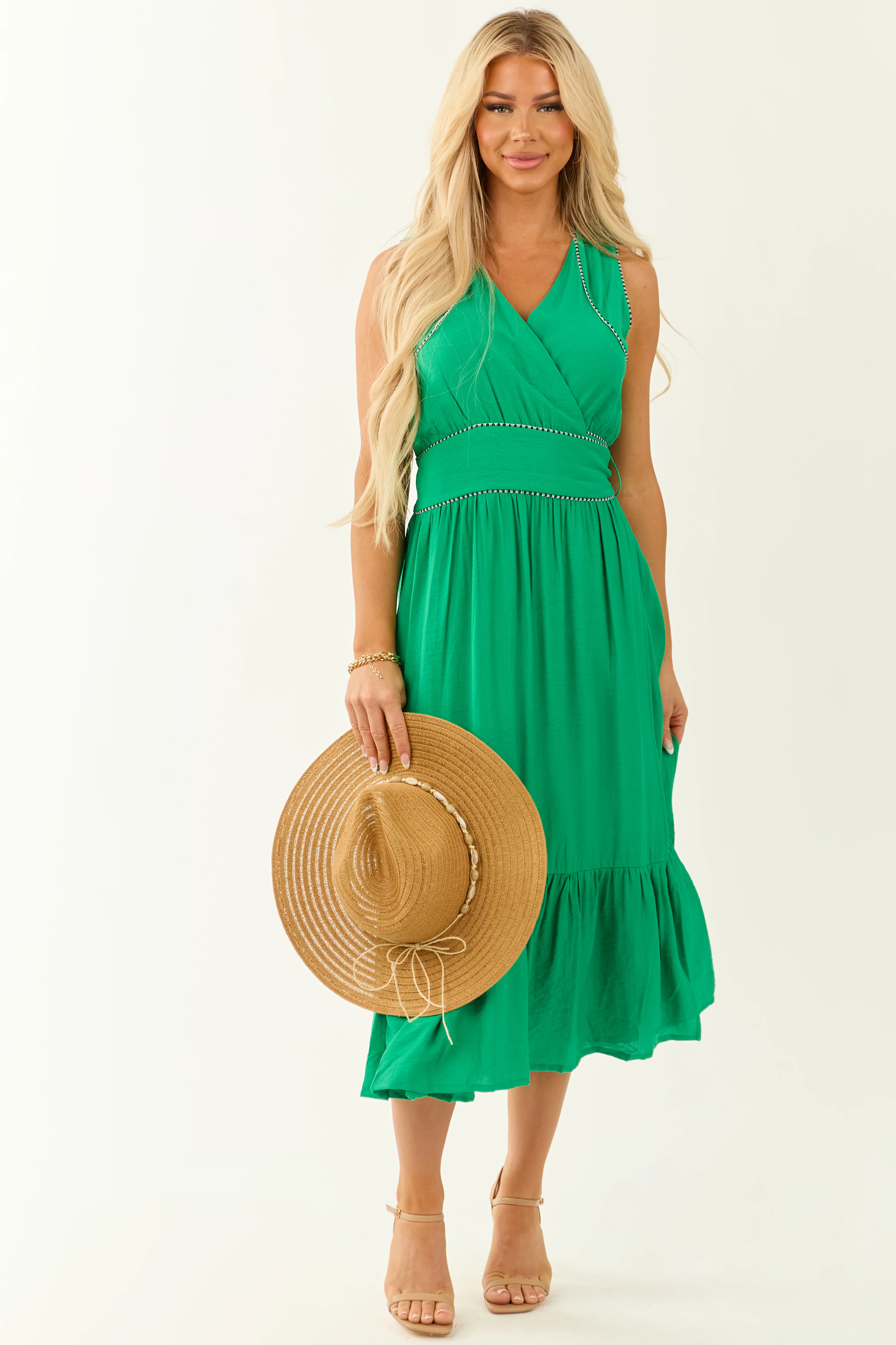 Jade V Neck Sleeveless Tiered Midi Wrap Dress