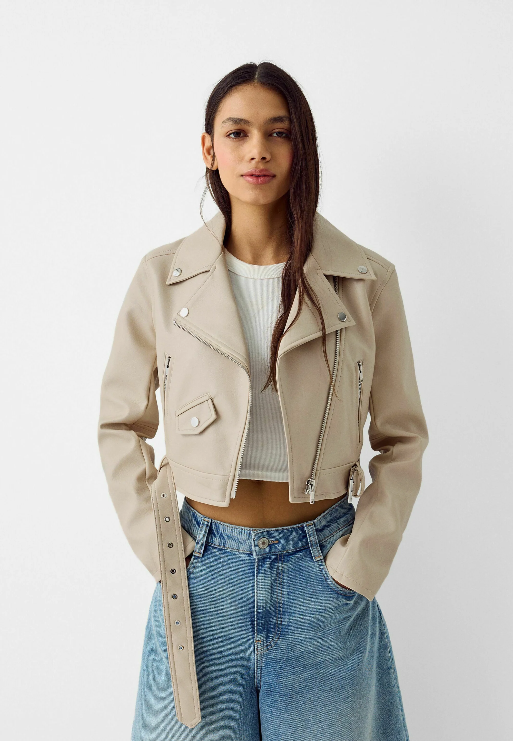 Bershka BELTED - BIKER - Giacca in similpelle