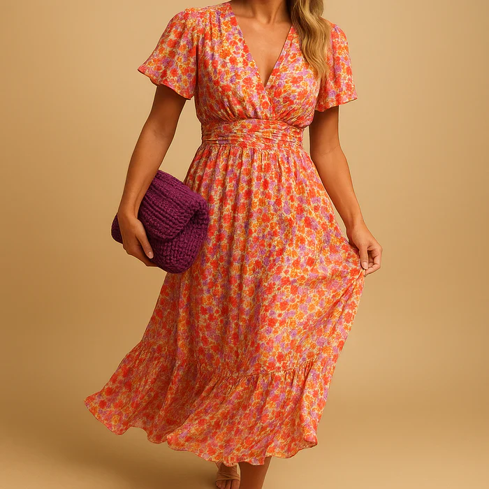 Buca Maxi Summer Dress �C Elegant V-Neck Floral Print for Women