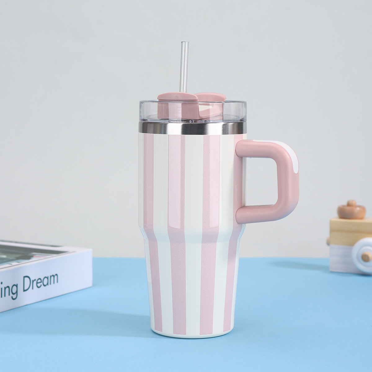 Pink and White Striped Insulated Tumbler with Handle and Straw