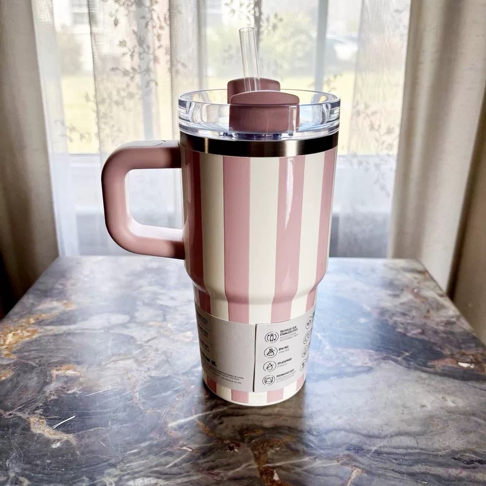 Pink and White Striped Insulated Tumbler with Handle and Straw