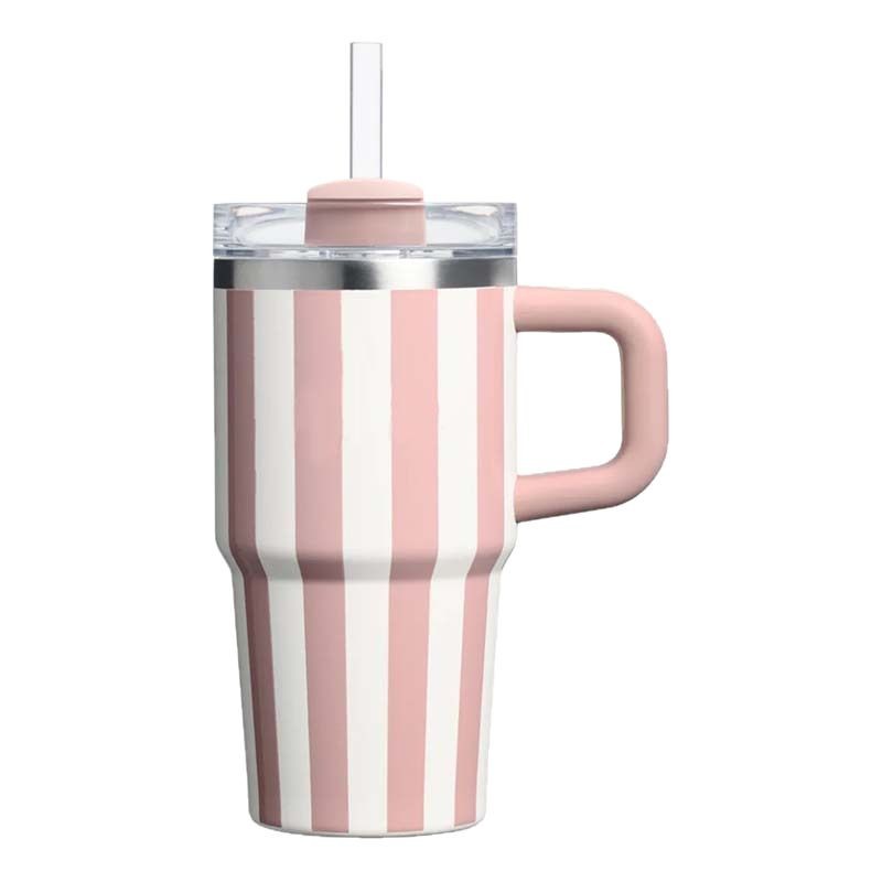 Pink and White Striped Insulated Tumbler with Handle and Straw