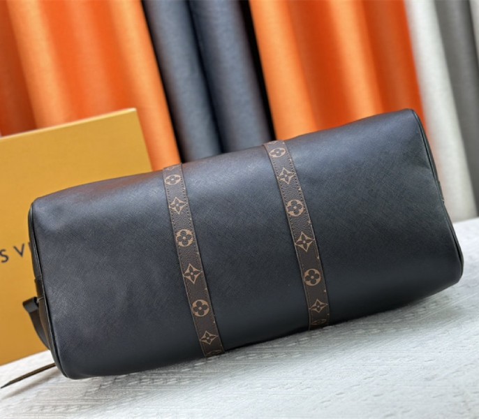 Louis Vuitton Taiga Leather Keepall Bandouliere 45 In Black And Monogram Macassar Canvas