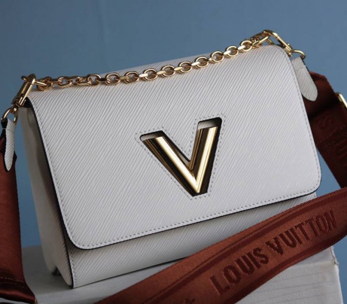 Louis Vuitton Epi Leather Twist MM Bag In Optic White With Jacquard Strap