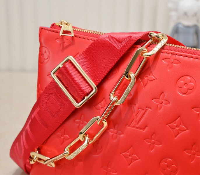 Louis Vuitton Coussin PM Bag In Neon Red With Jacquard Strap