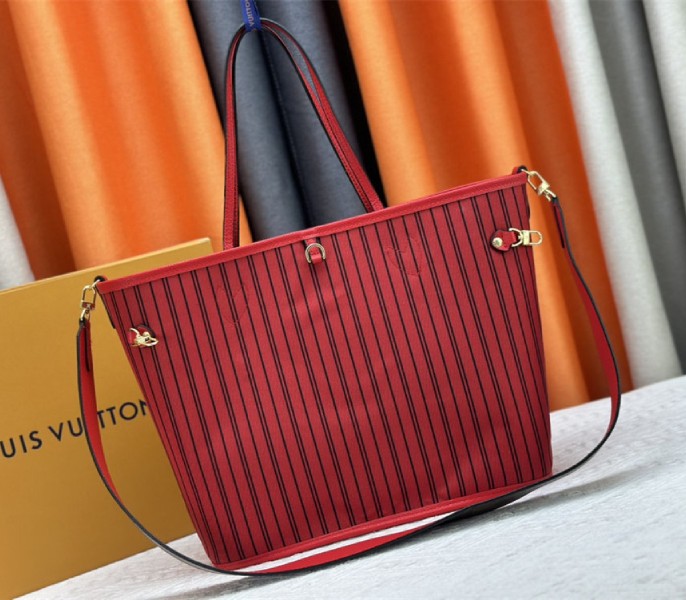 Louis Vuitton Neverfull Bandouliere Inside Out MM Tote In Monogram Canvas And Rouge Sari Textile