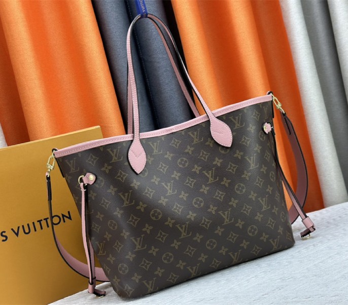 Louis Vuitton Neverfull Bandouliere Inside Out MM Tote In Monogram Canvas And Peony Pink Textile And Leather