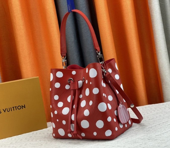 Louis Vuitton X YK Epi Leather NeoNoe MM Red Bag In White Infinity Dots
