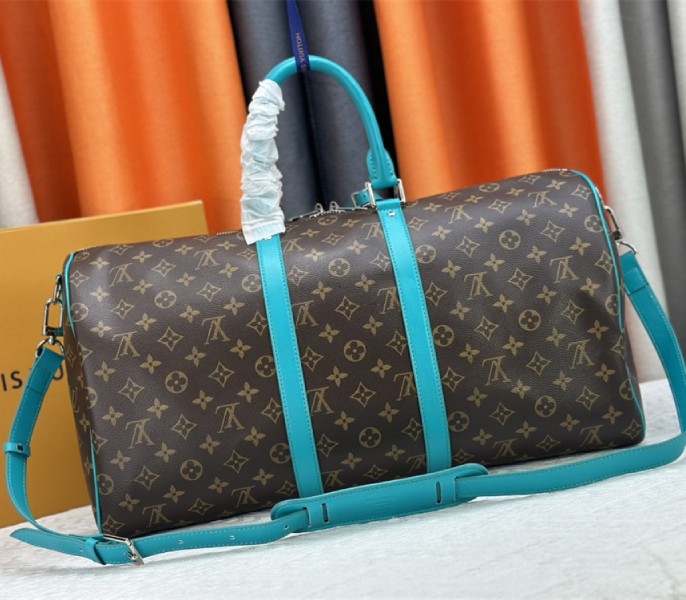 Louis Vuitton Monogram Macassar Canvas Keepall Bandouliere 50 In Turquoise Blue