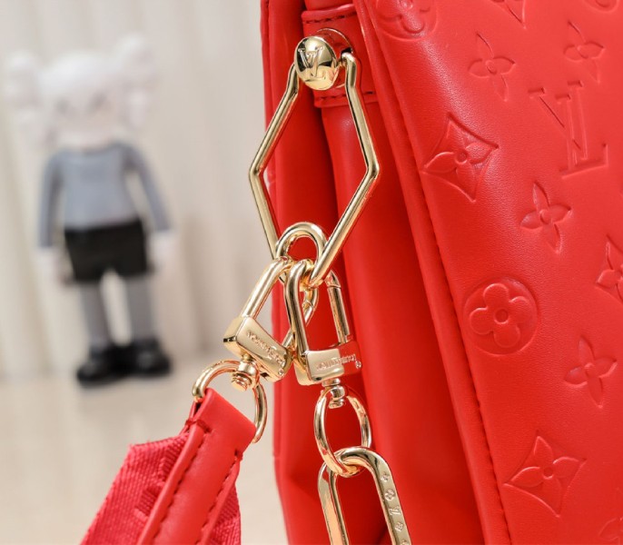 Louis Vuitton Coussin PM Bag In Neon Red With Jacquard Strap