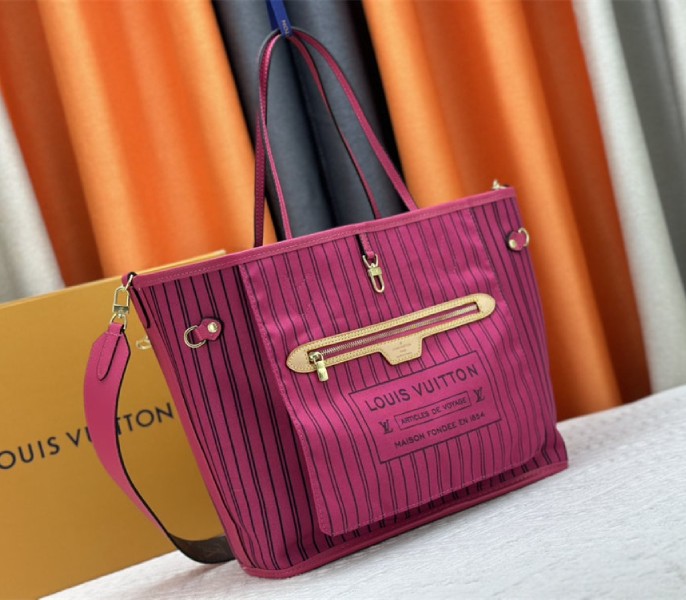 Louis Vuitton Neverfull Bandouliere Inside Out MM Tote In Monogram Canvas And Rose Pondichery Textile