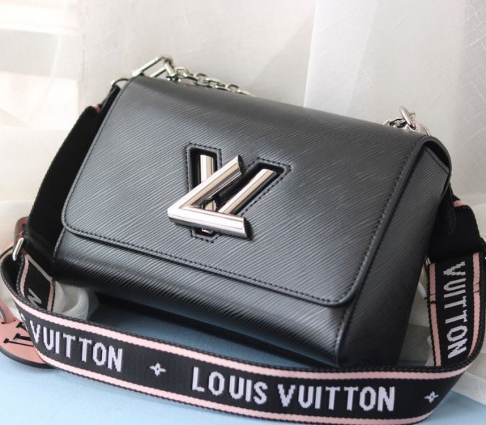 Louis Vuitton Epi Leather Twist MM Bag In Black With Jacquard Strap