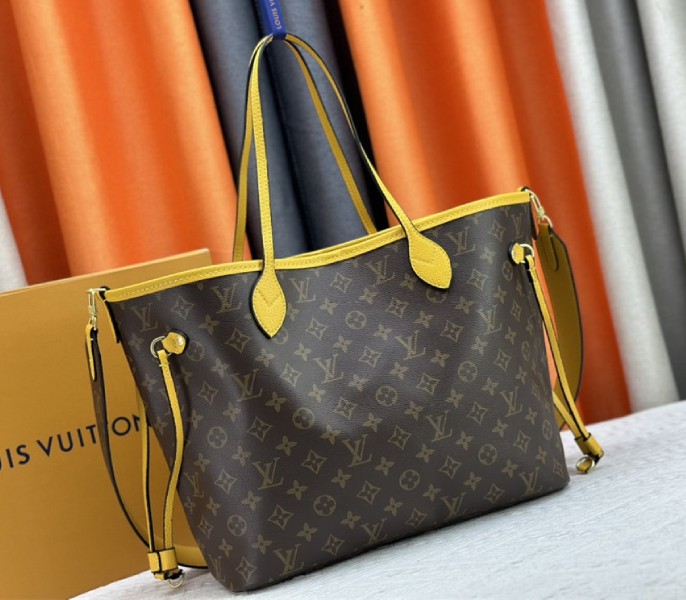 Louis Vuitton Neverfull Bandouliere Inside Out MM Tote In Monogram Canvas And Yellow Textile And Leather