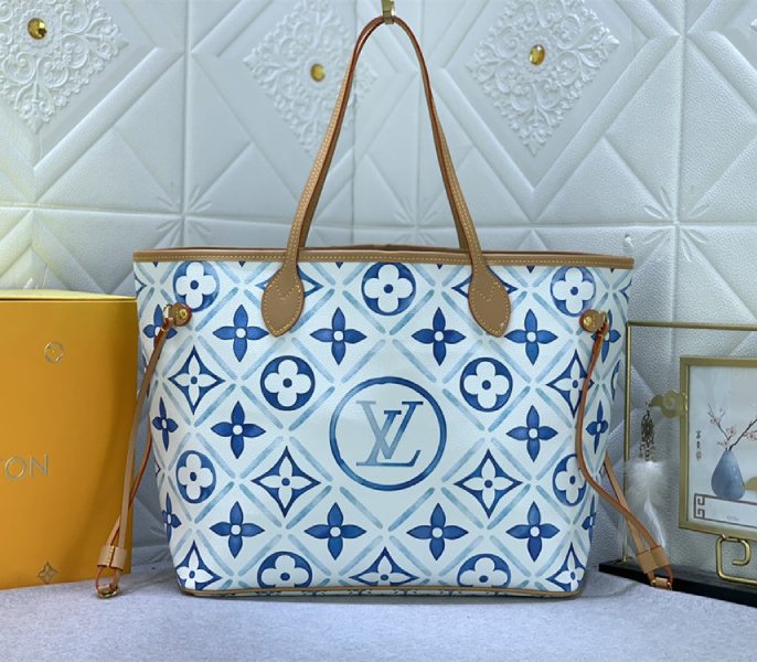 Louis Vuitton LV By The Pool Monogram Tiles Canvas Neverfull MM Tote In Lagoon Blue