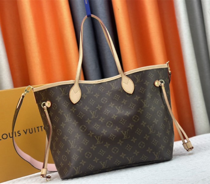Louis Vuitton Neverfull Bandouliere Inside Out MM Tote In Monogram Canvas And Peony Pink Textile
