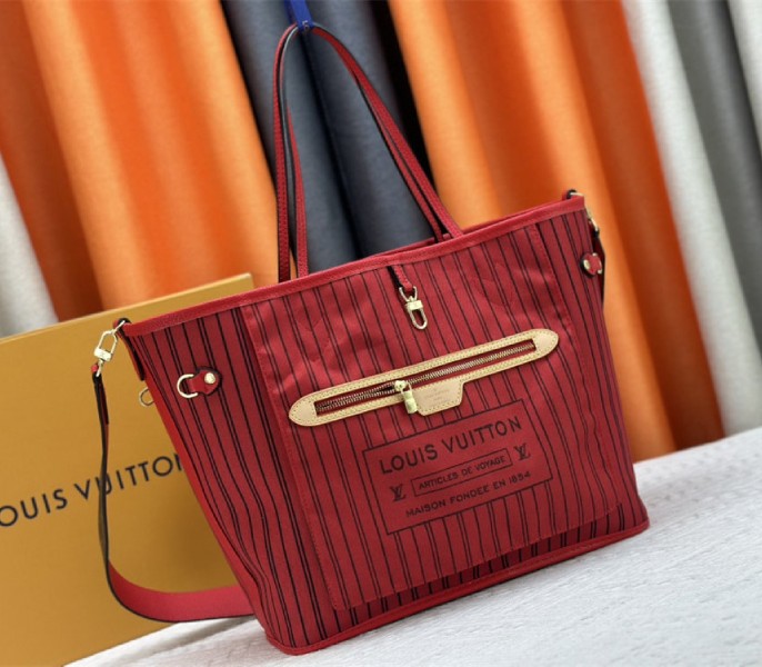 Louis Vuitton Neverfull Bandouliere Inside Out MM Tote In Monogram Canvas And Rouge Sari Textile