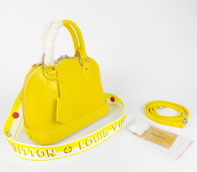 Louis Vuitton Epi Leather Alma BB Handbag In Cedrat Yellow With Jacquard Strap