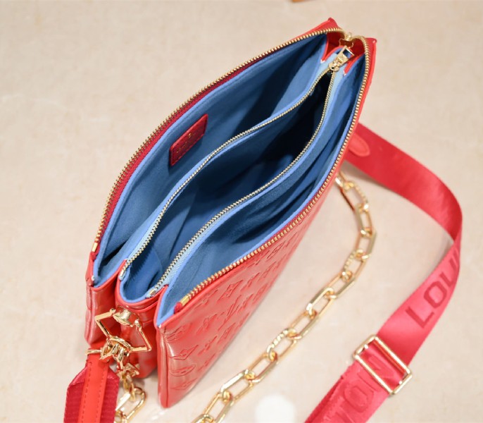 Louis Vuitton Coussin PM Bag In Neon Red With Jacquard Strap