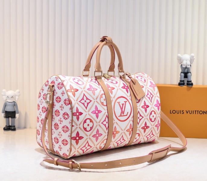 LV By The Pool Monogram Tiles Canvas Keepall 45 In Coral