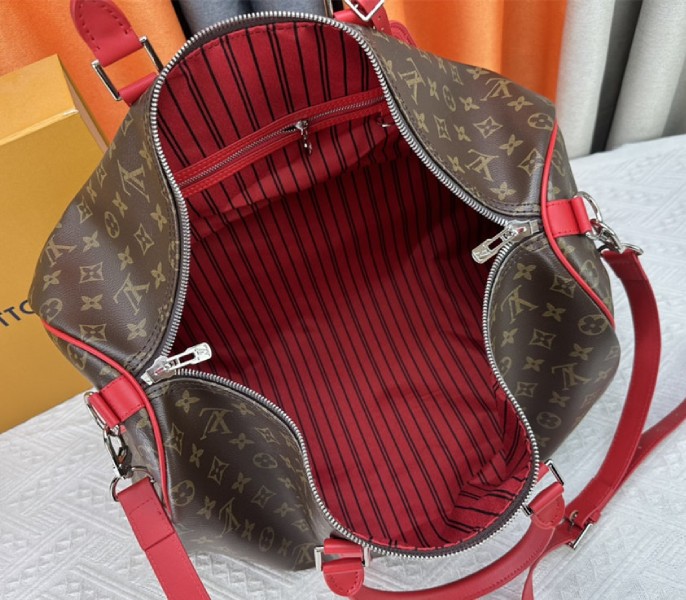 Louis Vuitton Monogram Macassar Canvas Keepall Bandouliere 50 In Sari Red
