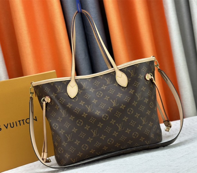 Louis Vuitton Neverfull Bandouliere Inside Out MM Tote In Monogram Canvas And Stamped Beige Textile