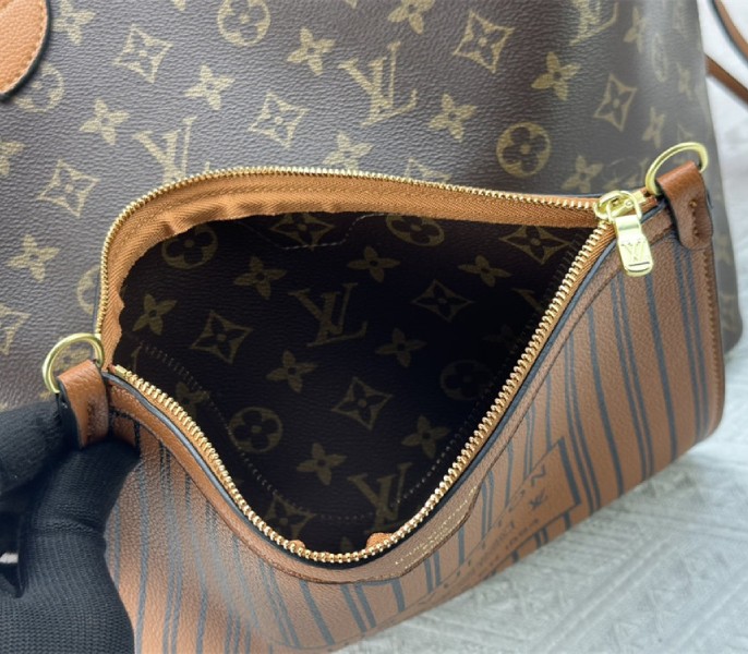 Louis Vuitton Neverfull Bandouliere Inside Out MM Tote In Monogram Canvas And Brown Leather
