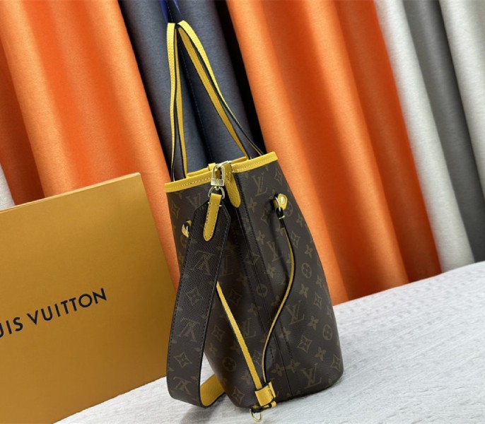 Louis Vuitton Neverfull Bandouliere Inside Out MM Tote In Monogram Canvas And Yellow Textile And Leather
