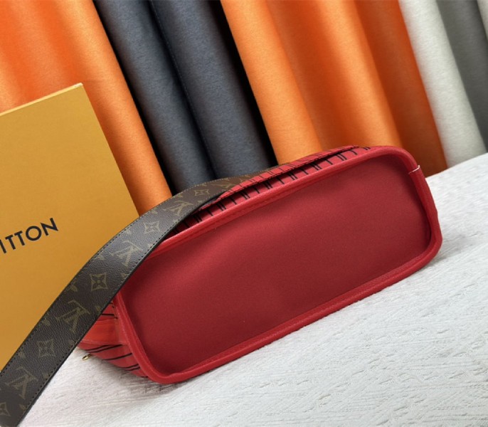 Louis Vuitton Neverfull Bandouliere Inside Out MM Tote In Monogram Canvas And Rouge Sari Textile