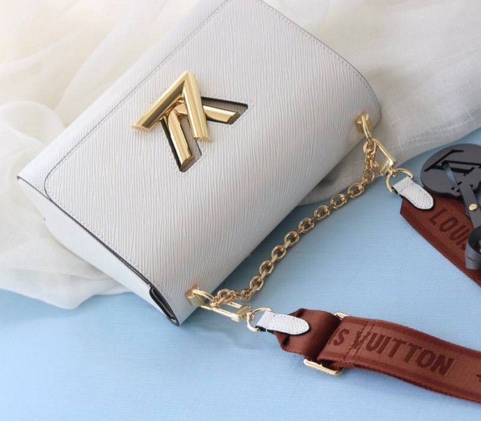 Louis Vuitton Epi Leather Twist MM Bag In Optic White With Jacquard Strap