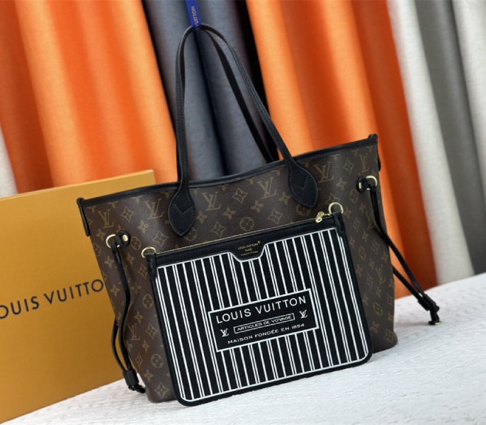 Louis Vuitton Neverfull Bandouliere Inside Out MM Tote In Monogram Canvas And Black Leather