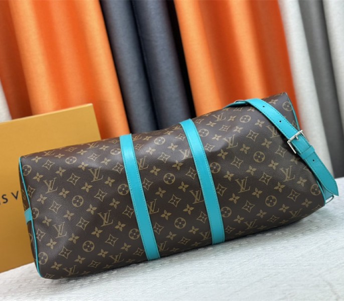 Louis Vuitton Monogram Macassar Canvas Keepall Bandouliere 50 In Turquoise Blue