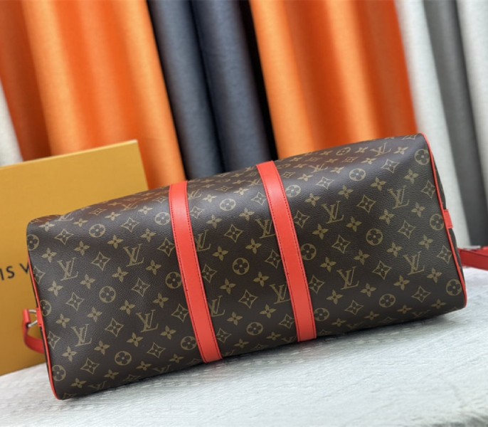 Louis Vuitton Monogram Macassar Canvas Keepall Bandouliere 50 In Red