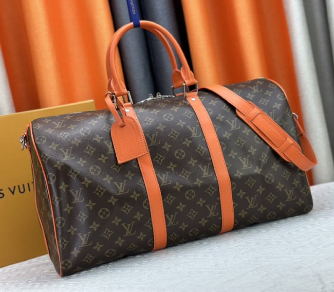 Louis Vuitton Monogram Macassar Canvas Keepall Bandouliere 50 In Tangerine Orange