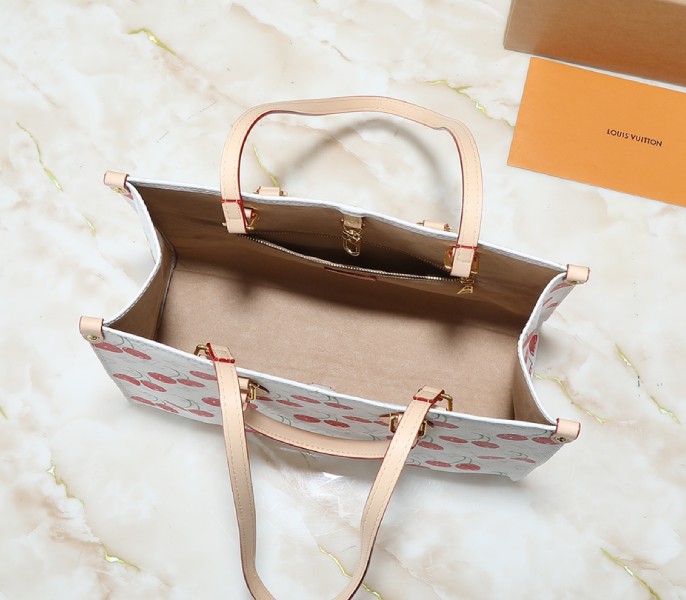 X TM Monogram Cherry Canvas Onthego MM In White Style 1