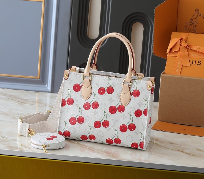 X TM Monogram Cherry Canvas Onthego PM In White