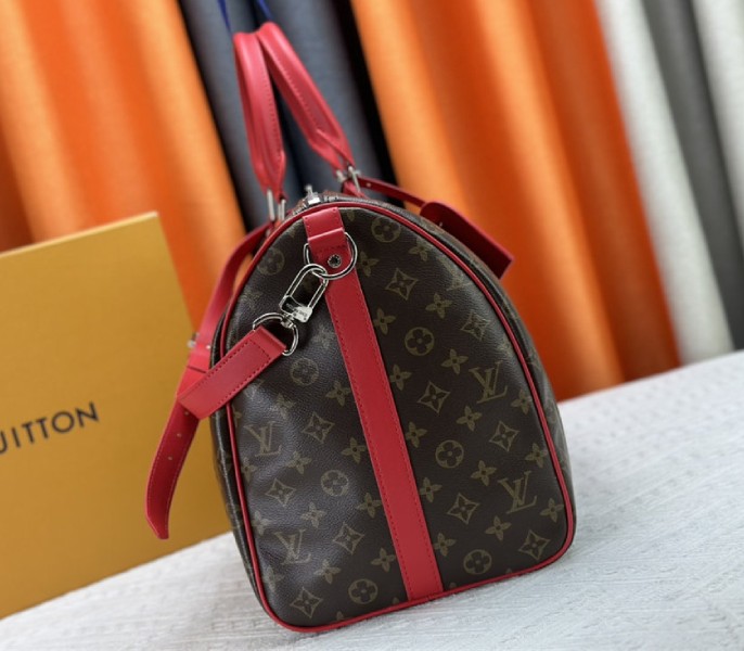 Louis Vuitton Monogram Macassar Canvas Keepall Bandouliere 50 In Sari Red