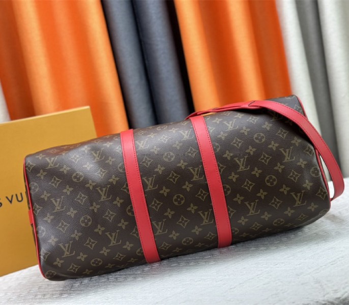 Louis Vuitton Monogram Macassar Canvas Keepall Bandouliere 50 In Sari Red