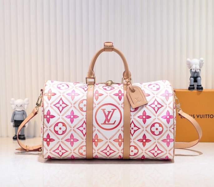 LV By The Pool Monogram Tiles Canvas Keepall 45 In Coral