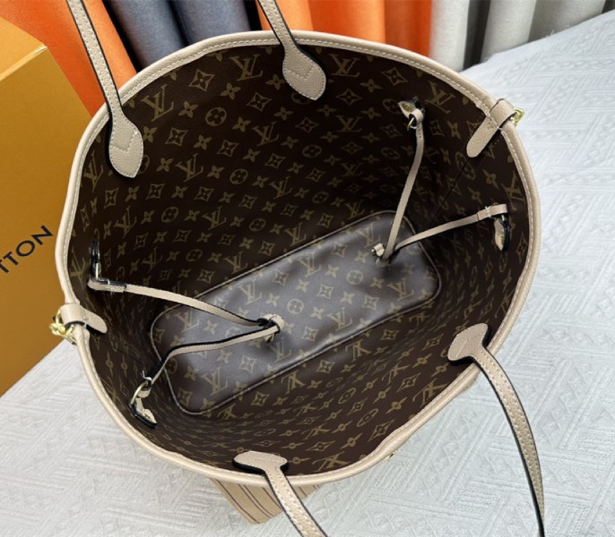 Louis Vuitton Neverfull Bandouliere Inside Out MM Tote In Monogram Canvas And Beige Textile And Leather