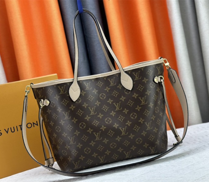 Louis Vuitton Neverfull Bandouliere Inside Out MM Tote In Monogram Canvas And Beige Textile And Leather